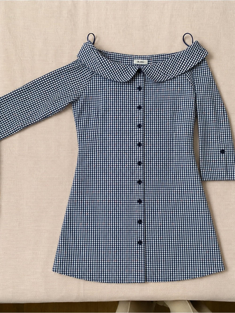 Gingham Off-Shoulder Strapless Dress in Navy